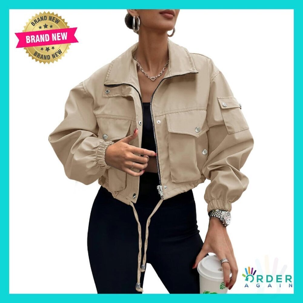Cropped Bomber Jacket Lightweight Polyester Zip Up Utility Anorak Coat Trendy